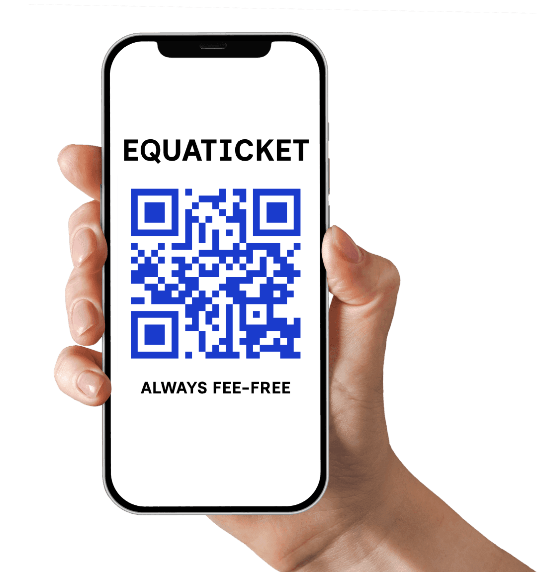 Hand holding a phone displaying an Equaticket QR code